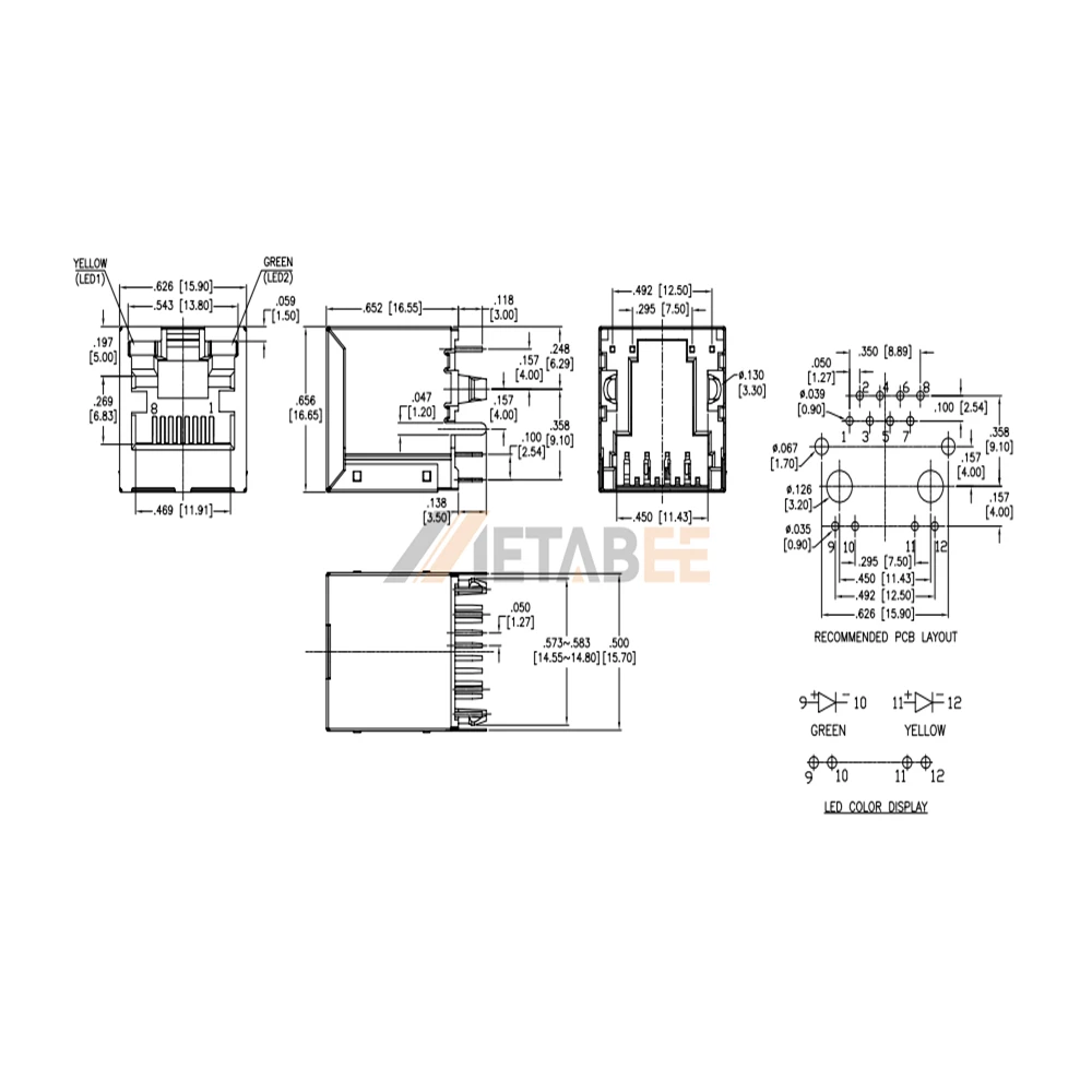 Customized Single Port Vertical RJ45 Modular Jack, 8P8C, Shielded, PCB Mount, Tab-Up