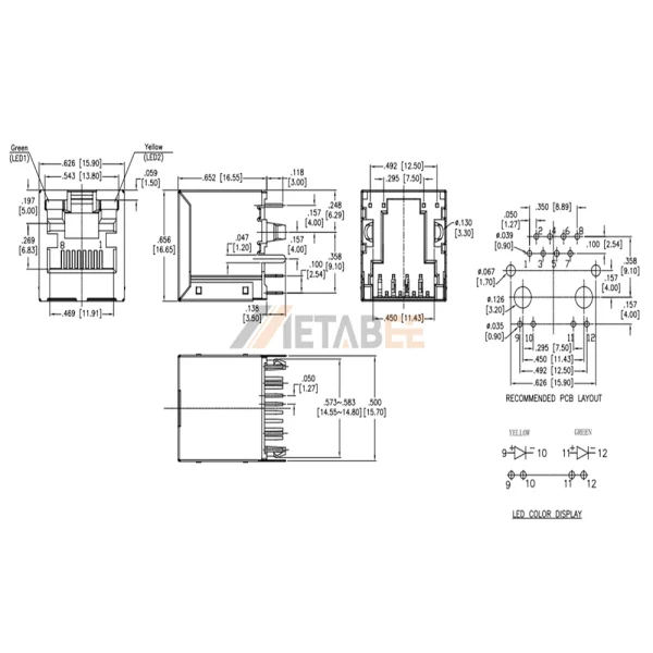 Customized Single Port Vertical RJ45 Modular Jack, 8P8C, Shielded, PCB Mount, Tab-Up