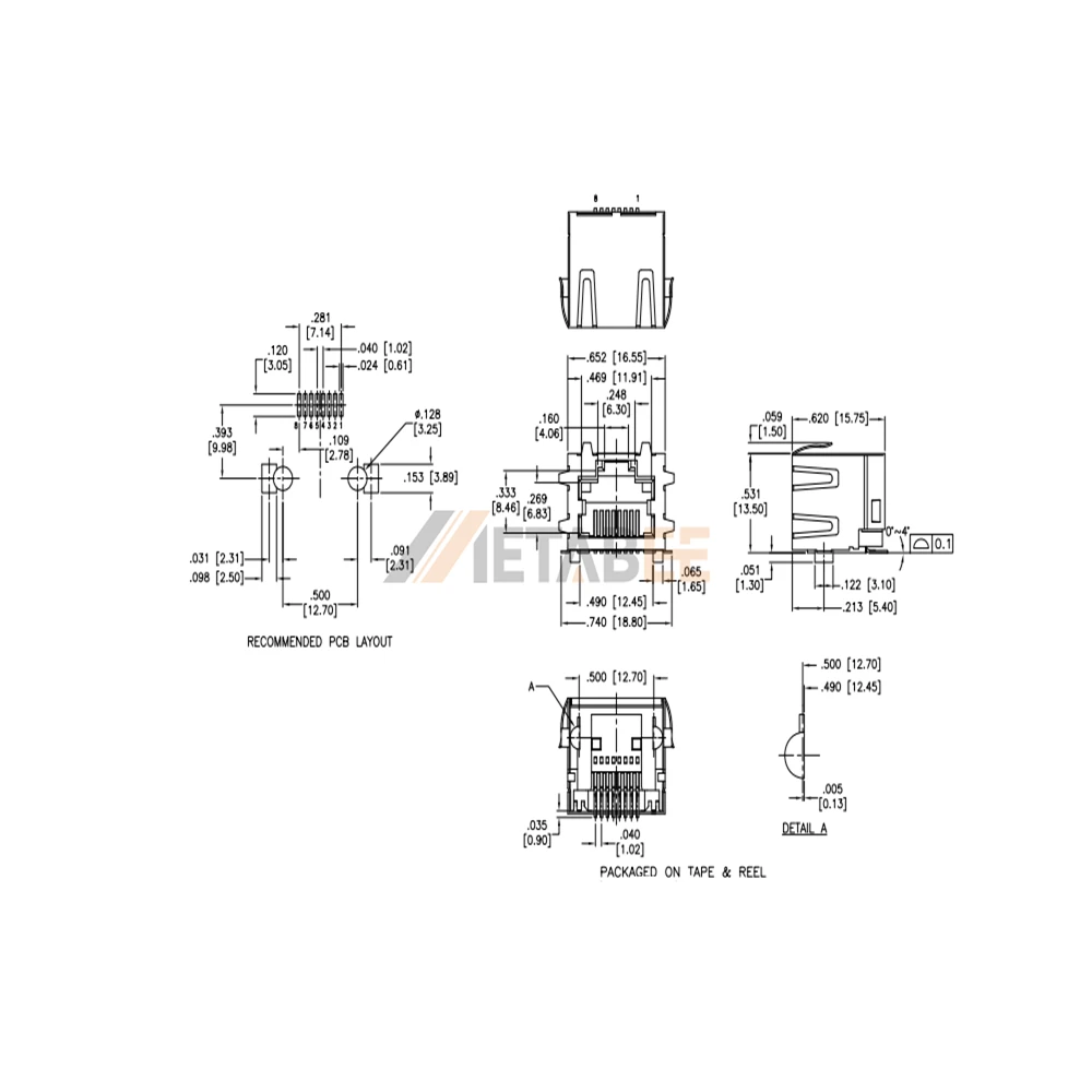 Shielded Surface Mount RJ45 Ethernet Jack, 8P8C, 1 Port, Shielded, Tab-Up, Through Hole, R/A, No LED