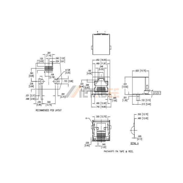 Shielded Surface Mount RJ45 Ethernet Jack, 8P8C, 1 Port, Shielded, Tab-Up, Through Hole, R/A, No LED