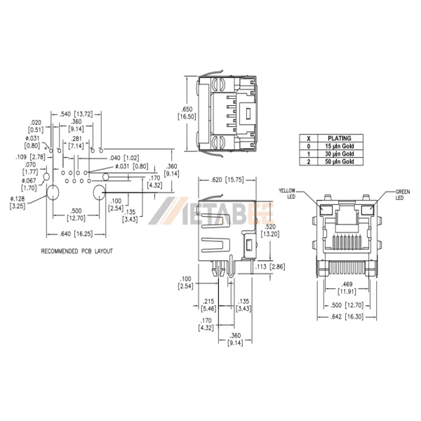 Metal Shielded 8P8C RJ45 Modular Jack With LED and EMI Fingers, Single Port, Tab-Up, Through Hole, R/A