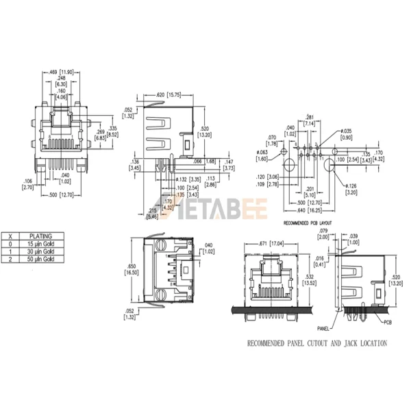 STP Shielded RJ45 Ethernet Jack without LEDs, 8P8C, 1 Port, Tab-Up, Through Hole, R/A, No LED