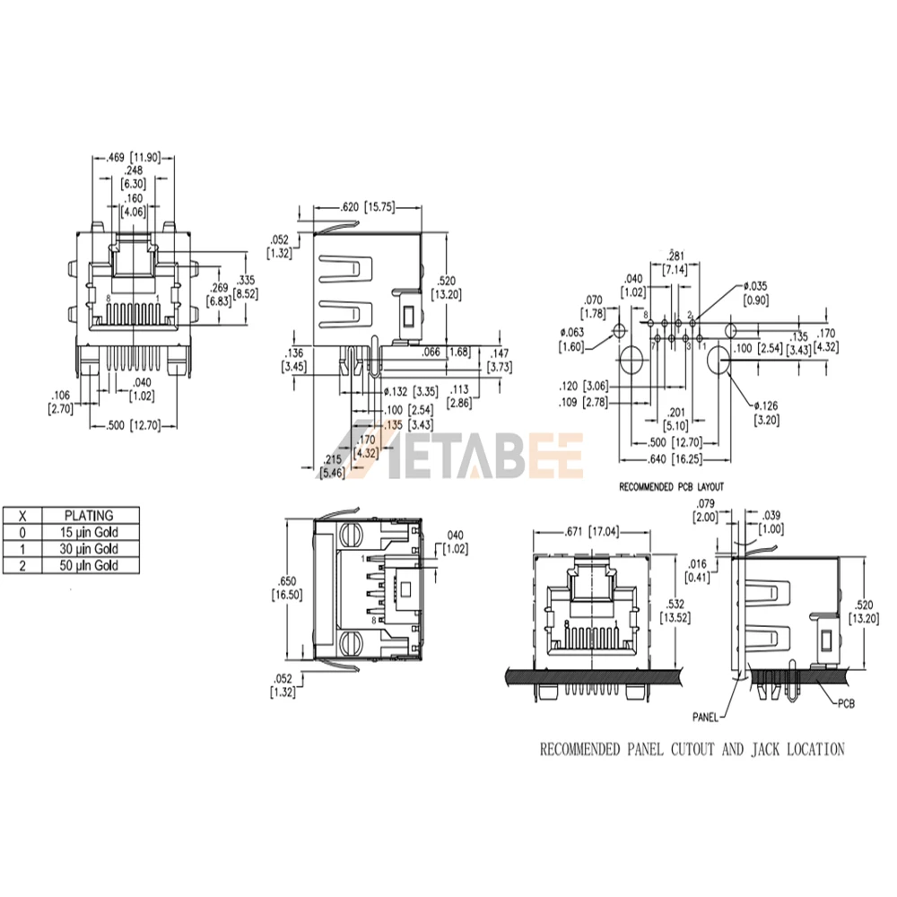 STP Shielded RJ45 Ethernet Jack without LEDs, 8P8C, 1 Port, Tab-Up, Through Hole, R/A, No LED