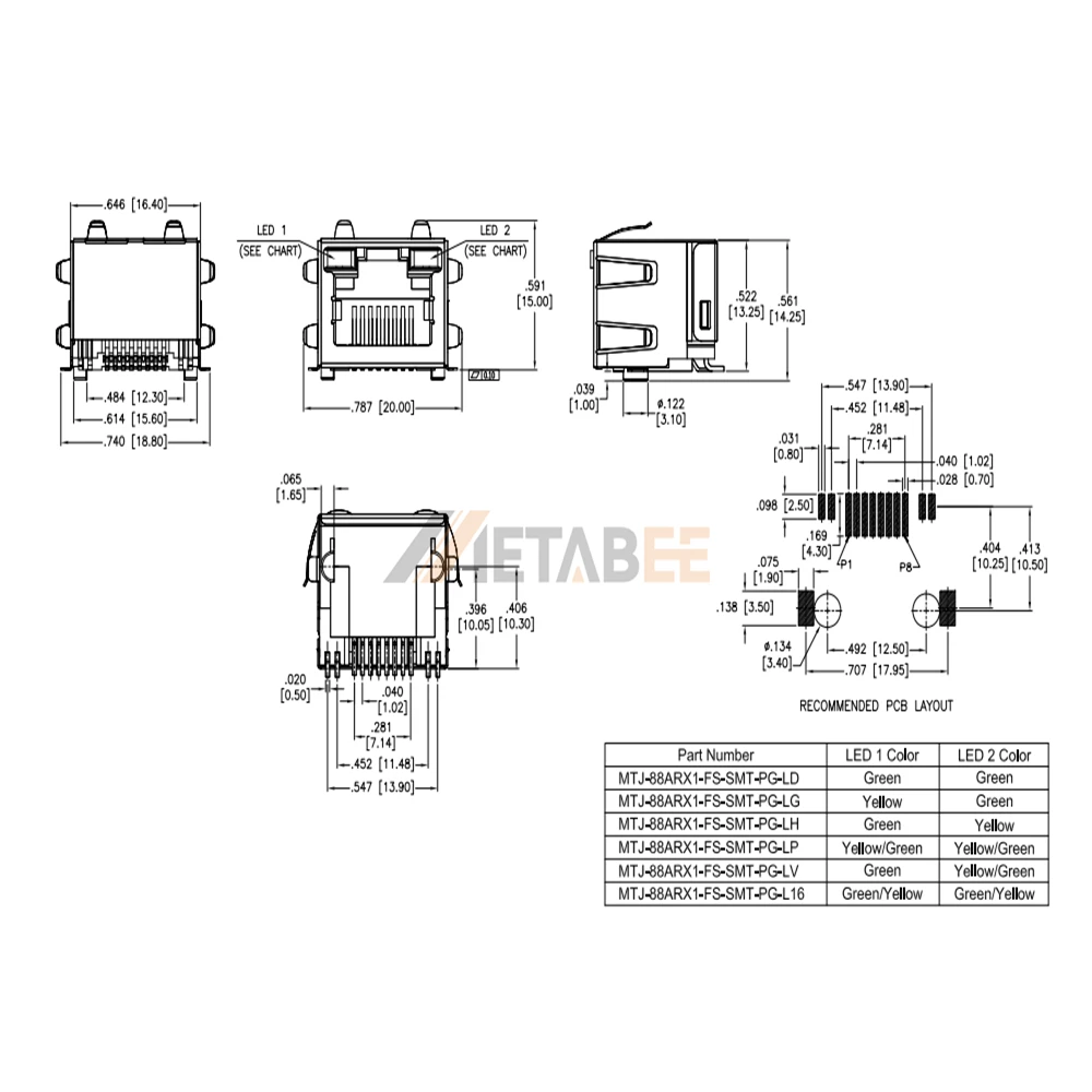 Modular Jack RJ45 Network Socket with LEDs, 8P8C, 1 Port, Shielded, Tab-Up, Through Hole, R/A, Green/Green