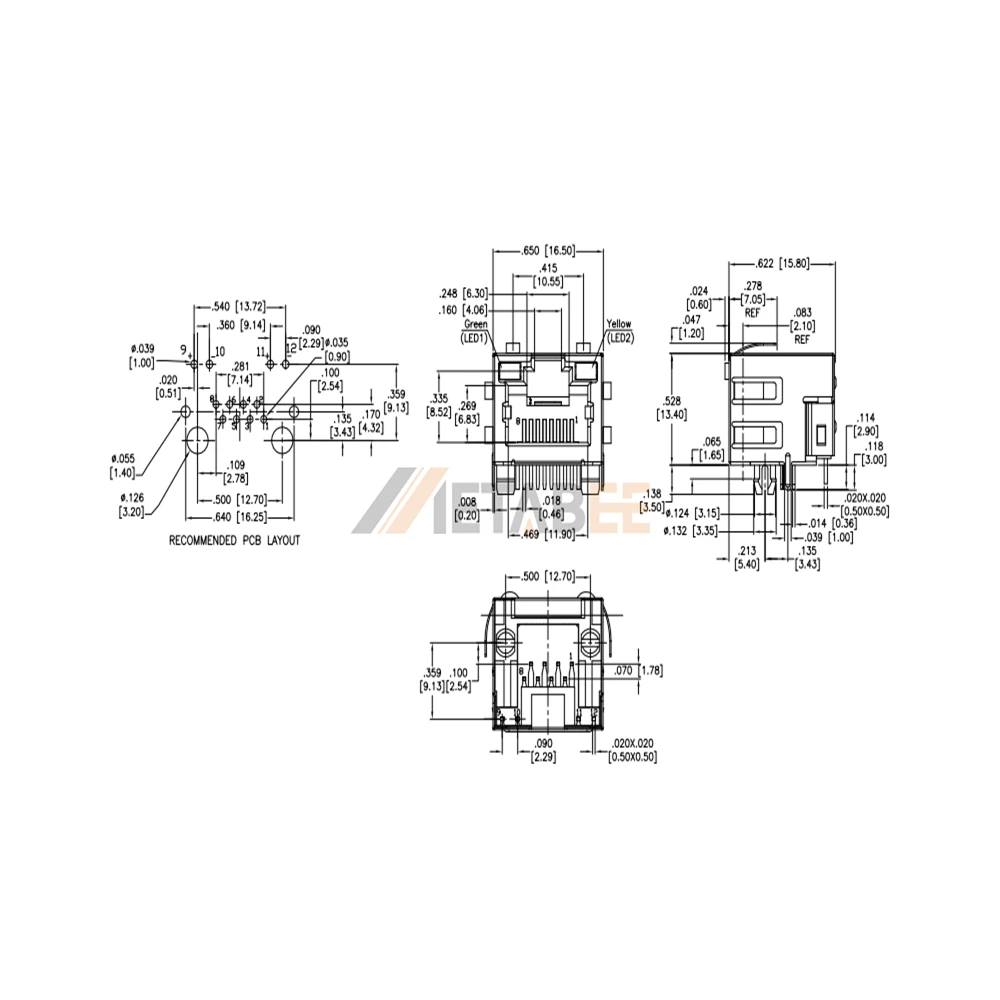 RJ45 Female Ethernet Jack Connector with LEDs, 8P8C, 1 Port, Shielded, Tab-Up, Through Hole, R/A, Green/Yellow