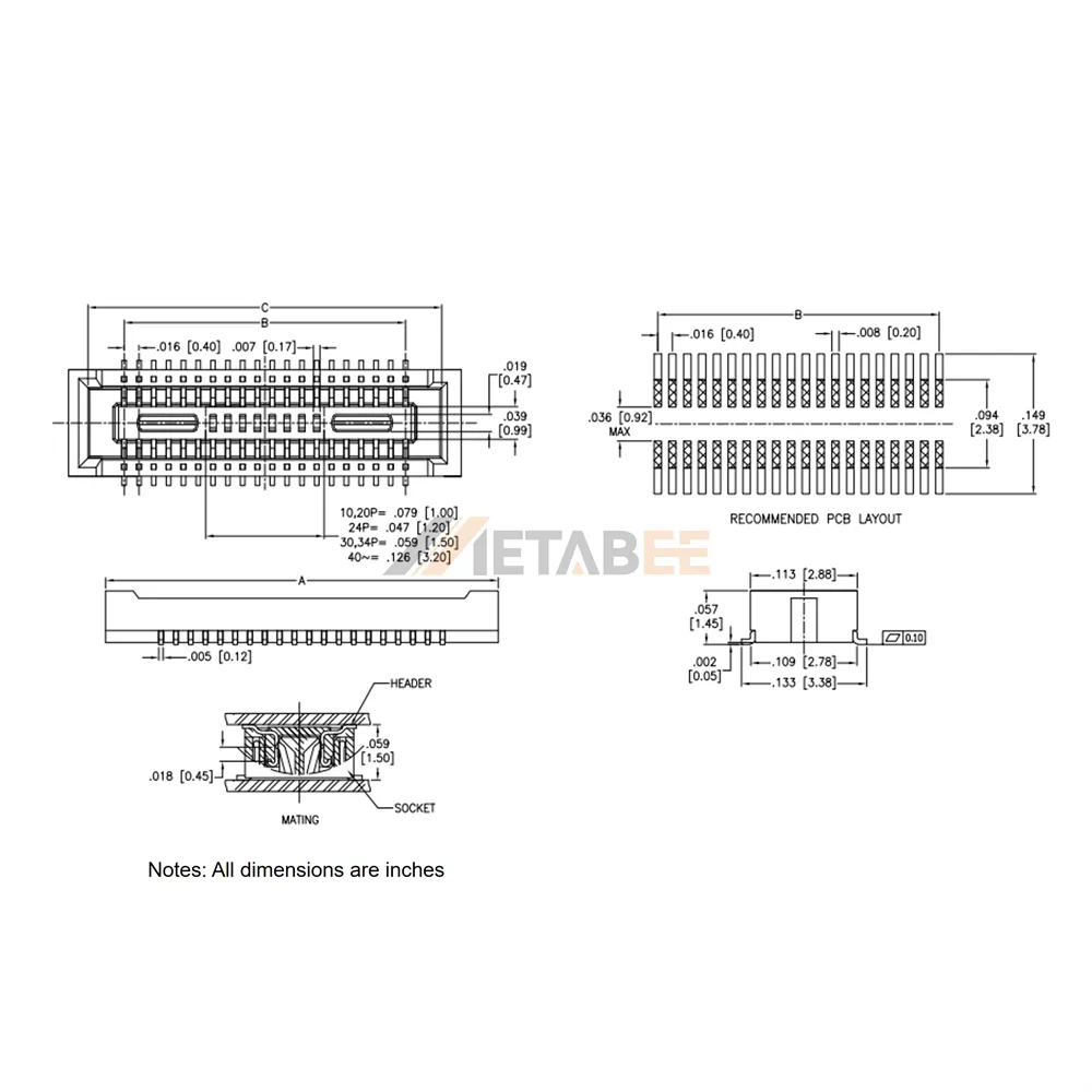 0.4mm Pitch SMT Board to Board Connector, Socket, 1.45mm Height