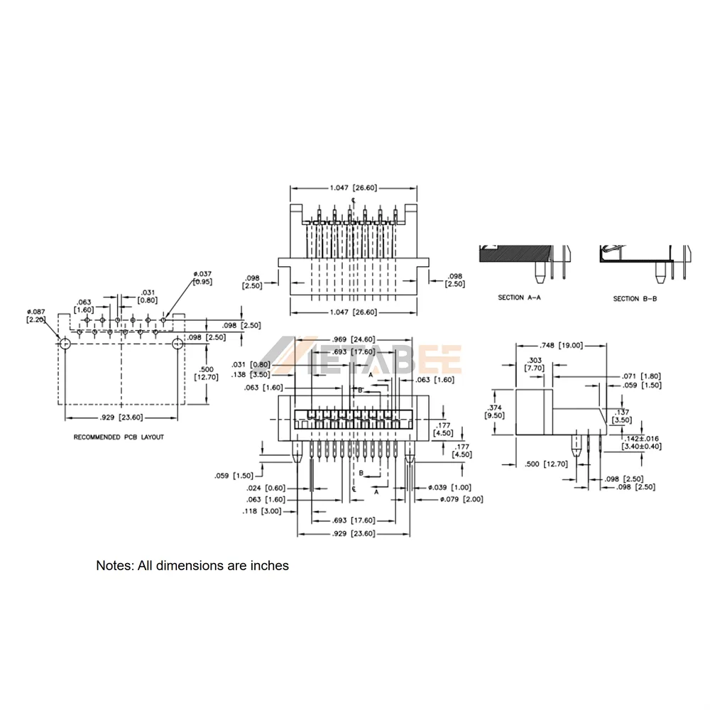 1.6mm Pitch 12 Pin SMT Board to Board Right Angle Connector, Plug
