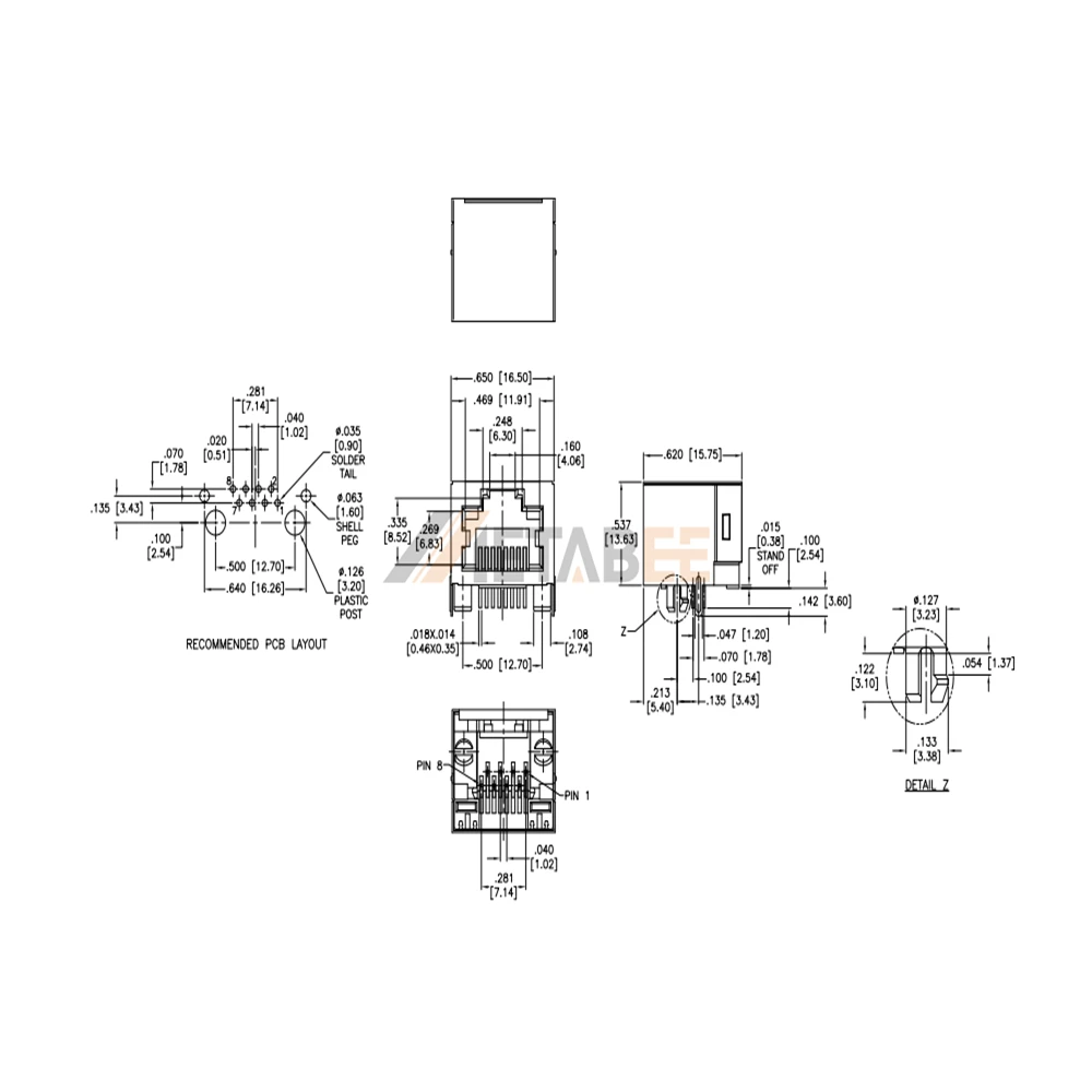 RJ45 Modular Jack Connector without LEDs, 8P8C, 1 Port, Shielded, Tab-Up, Through Hole, R/A