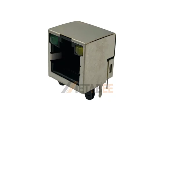 8P8C Shielded RJ45 Female Connector with LEDs, 1 Port, Tab-Up, Through Hole, R/A, Green/Yellow