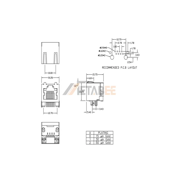 Ethernet RJ45 Female Socket Connector, 8P8C, 1 Port, Tab-Up, Through Hole, R/A, No LED