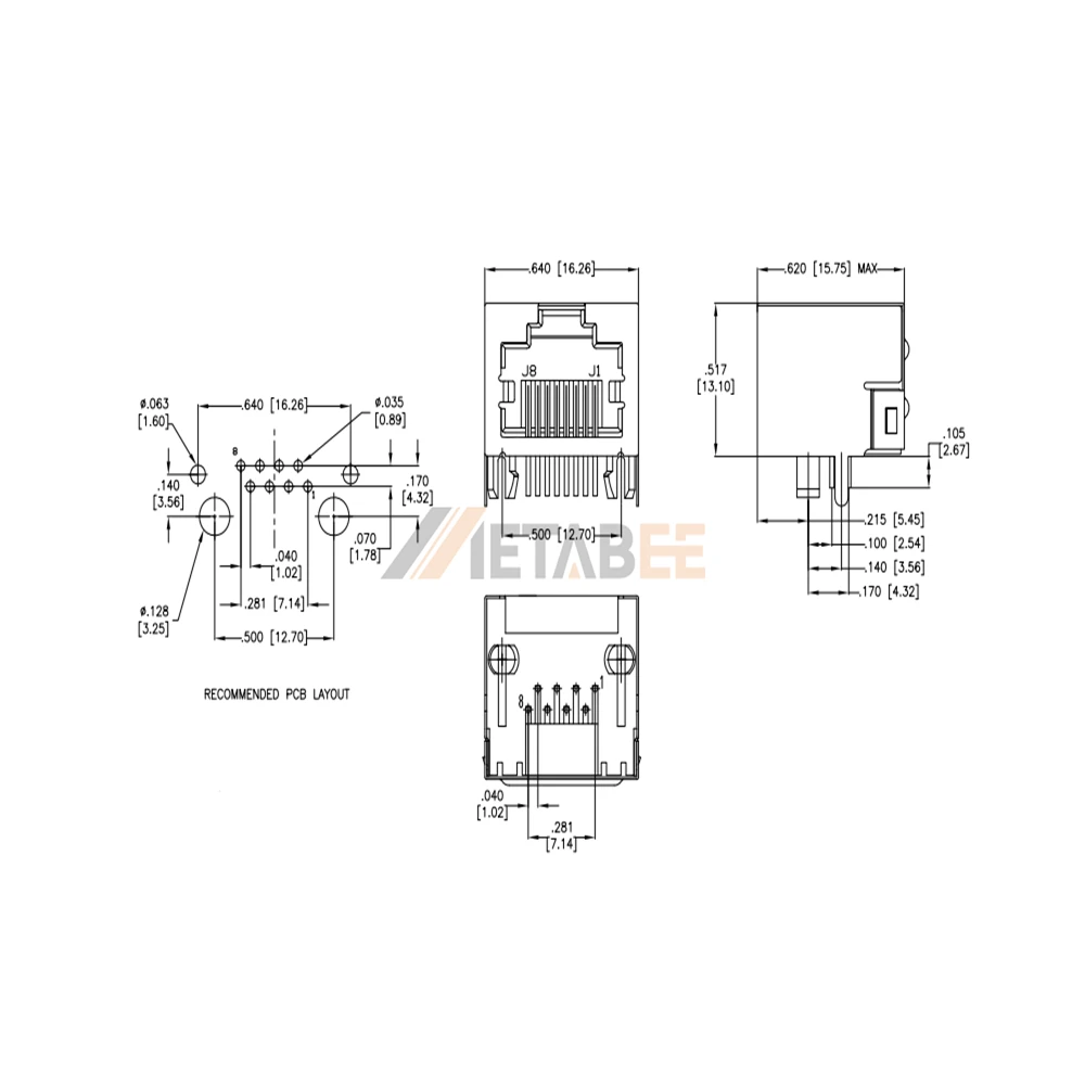 Shielded RJ45 Metal Jack Without LEDs and EMI Fingers, 8P8C, Single Port, Tab-Up, Through Hole, R/A