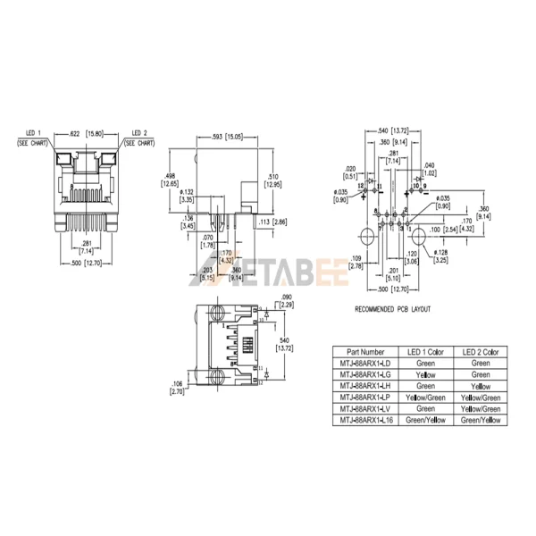 Right Angle RJ45 Female Connector Socket with LEDs, 8P8C, 1 Port, Unshielded, Tab-Up, Through Hole