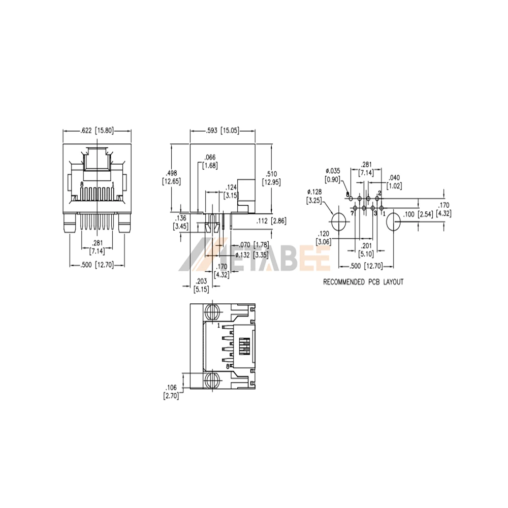 8P8C Unshielded Modular RJ45 Socket Jack, 1 Port, Tab-Up, Through Hole, R/A, No LED