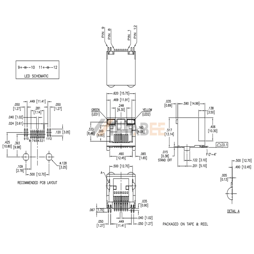 Surface Mount Ethernet PCB Jack Module Connector, 8P8C, 1 Port, Unshielded, Tab-Up, R/A, Green/Yellow