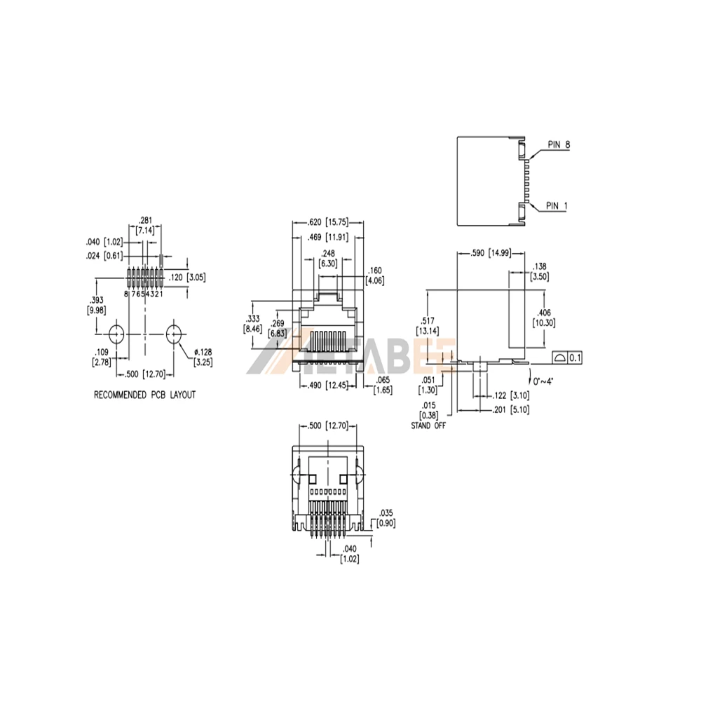 RJ45 Ethernet Socket Surface Mount Single Port Jack, 8P8C Unshielded, Tab-Up, R/A, No LED