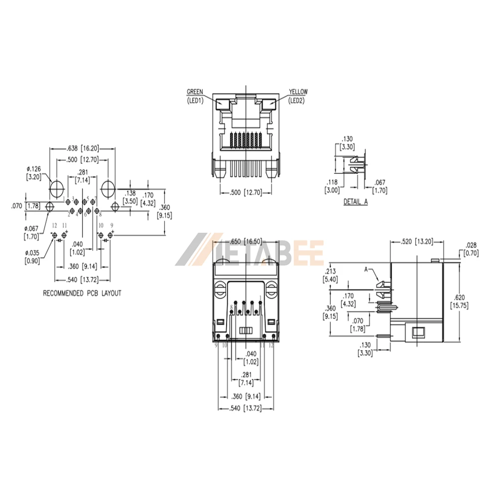 8P8C RJ45 Socket PCB Modular Jack with LEDs, 1 Port, Unshielded, Tab-Up, R/A, Green/Yellow