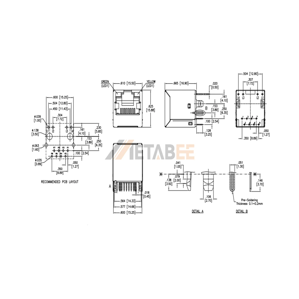 Single Port Vertical RJ45 8P8C Female Connector, 1 Port, Shielded, Tab-Up, Through Hole, Green/Yellow