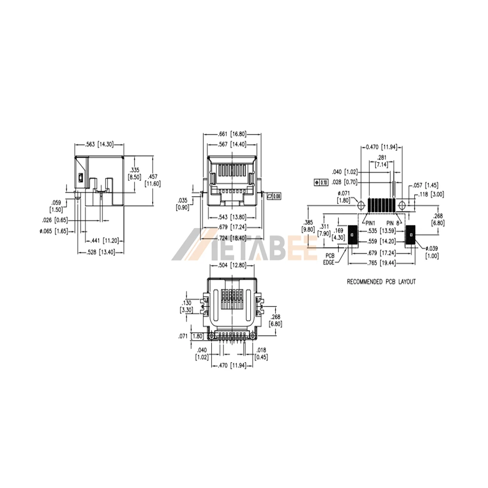 RJ45 Ethernet Port 8P8C Female Socket Connector, 1 Port, Unshielded, Tab-Down, Surface Mount, R/A, No LED