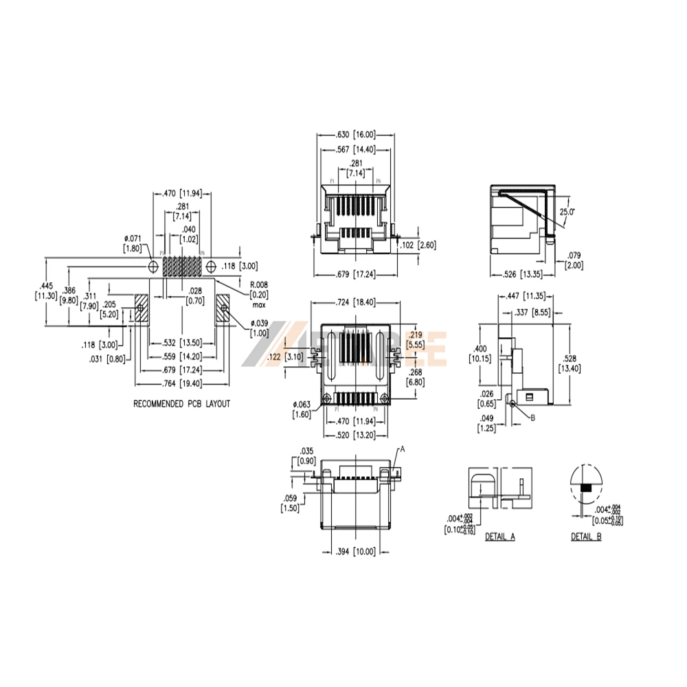 90 Degree RJ45 LAN Port 8P8C PCB Jack, 1 Port, Unshielded, Tab-Down, Surface Mount, No LED