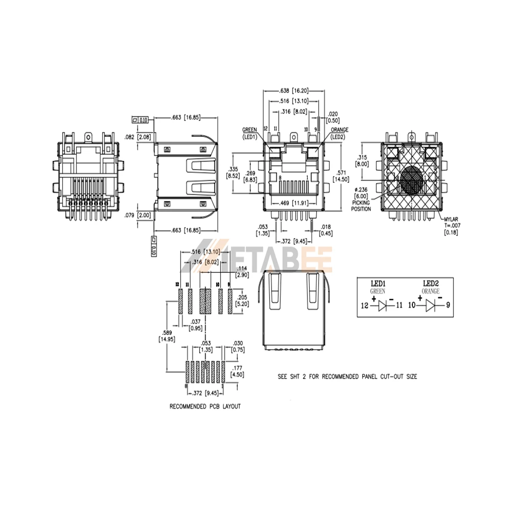 Shielded RJ45 Female Connector with LED Indicator, 8P8C, 1 Port, Tab-Up, Through Hole, R/A, Green/Orange