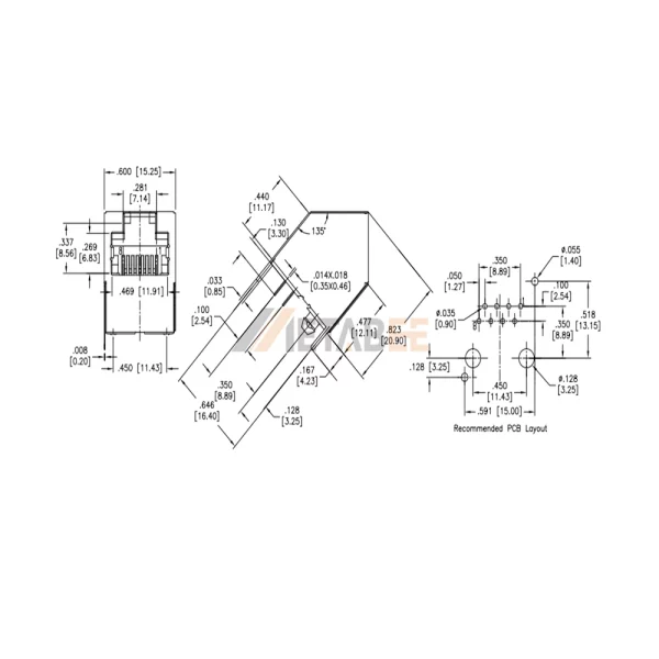 45 Degree Angle RJ45 Connector Modular Jack, 8P8C, 1 Port, Shielded, Through Hole, Tab-Up, No LED