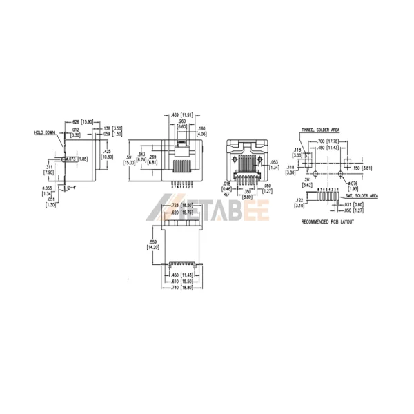 Surface Mount Vertical RJ45 Network Jack, 8P8C, 1 Port, Unshielded, Tab-Up, No LED