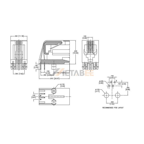 4 Pin Modular Jack 4P4C RJ9 Socket Jack Female Connector, 1 Port, Unshielded, Through Hole, R/A, No LED