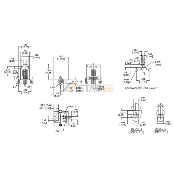 Right Angle RJ10 RJ9 4P4C Black Telephone Socket, 1 Port, Unshielded, Through Hole, R/A, Tab-Up, No LED