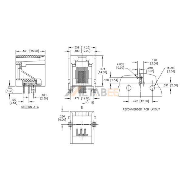 6 Pin Modular Jack 6P4C RJ11 Connector, 1 Port, Unshielded, Through Hole, R/A, Tab-Up, No LED