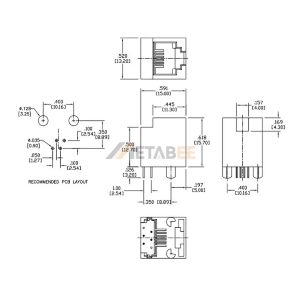 Single Port Vertical RJ11 6P4C Connector Phone Jack, 1 Port, Unshielded, Through Hole, Tab-Up, No LED
