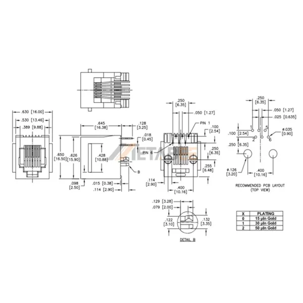 Vertical 6P6C RJ11 Phone Connector Socket, Single Port, Unshielded, Through Hole, Tab-Down, No LED