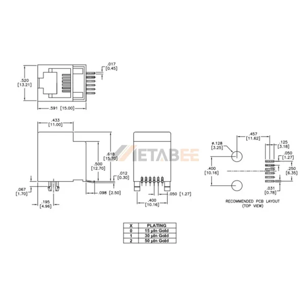 RJ11, RJ12, RJ25 Modular Jack 6P6C PCB Connector, 1 Port, Unshielded, Through Hole, R/A, Tab-Down, No LED