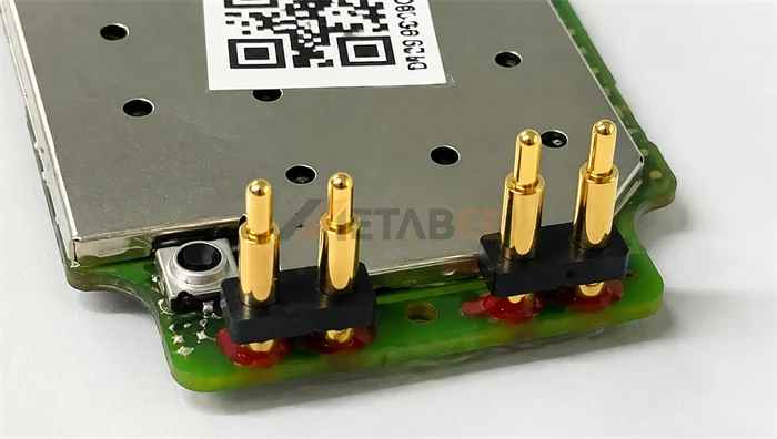Through-hole pogo pins with extended terminals for PCB soldering and mechanical stability