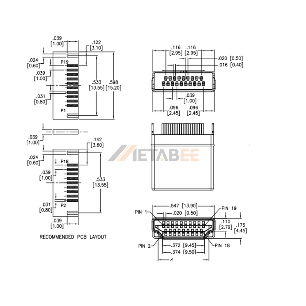 19 Pin HDMI Type A Plug, Solder Type, Straddle Mount