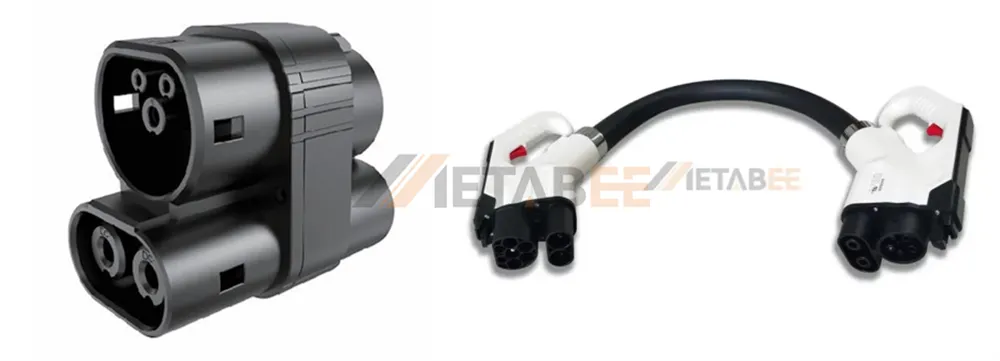 High-power DC fast-charging adapters: compact direct-plug (left) and torque-relieving cable assembly (right).