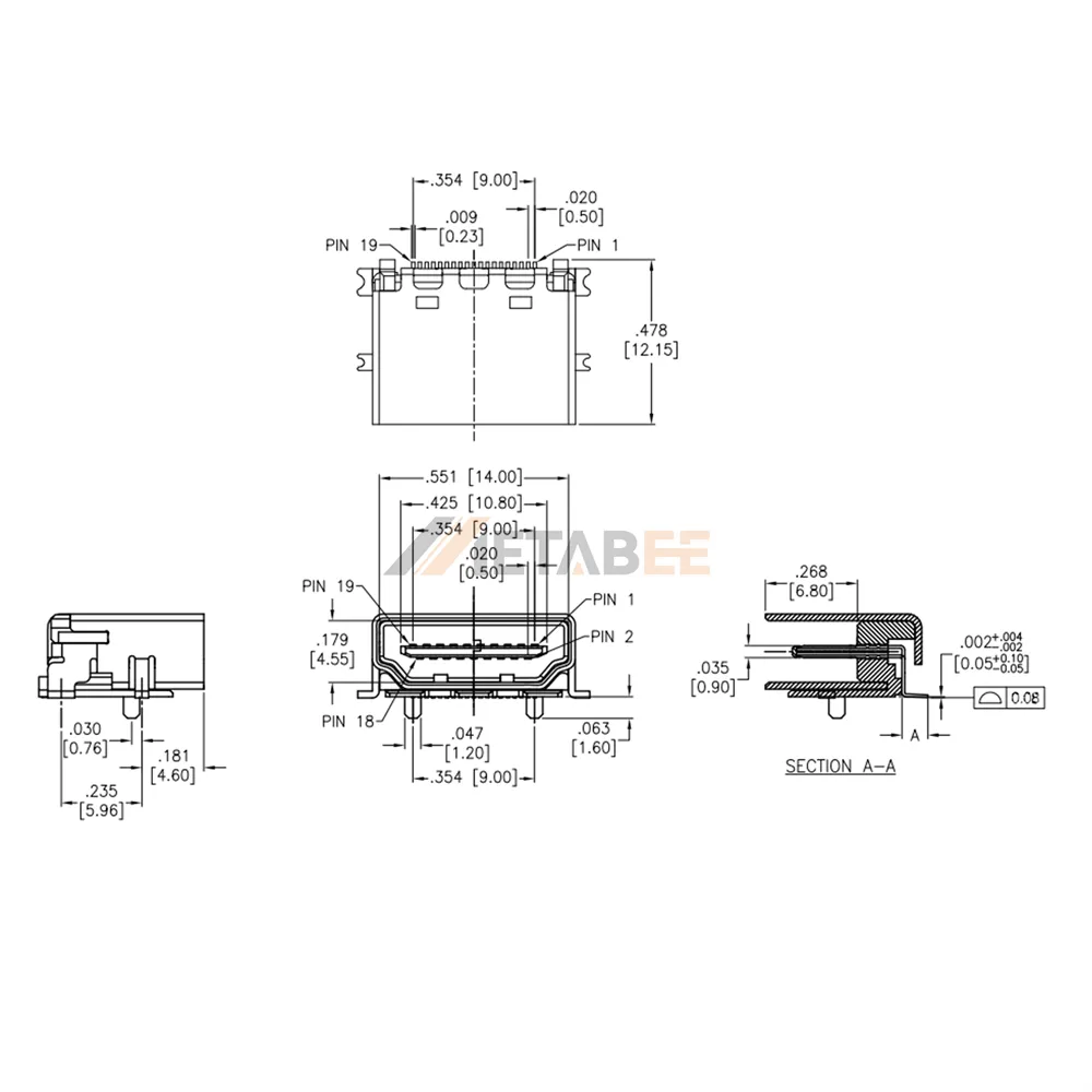 HDMI Type A Female Connector, 19 Pin, Surface Mount