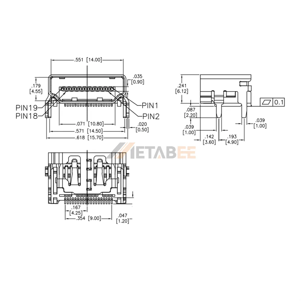 HDMI Type A Female Connector, PCB Surface Mount, RA