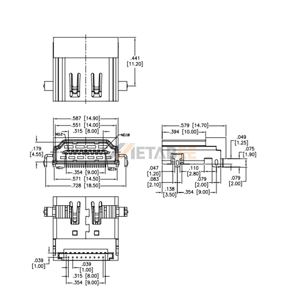 HDMI Type A Female Connector, PCB Thru Hole, RA