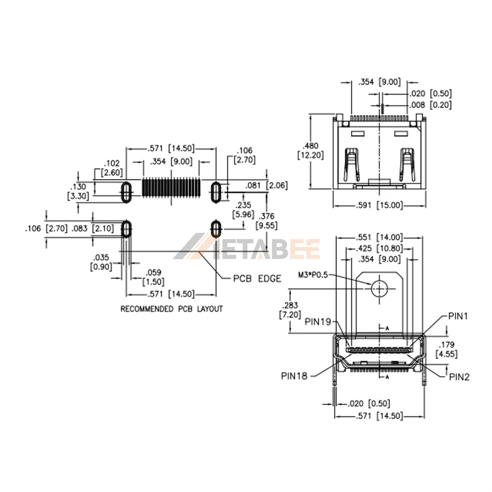 HDMI Type A Female Connector, SMT, Right Angle