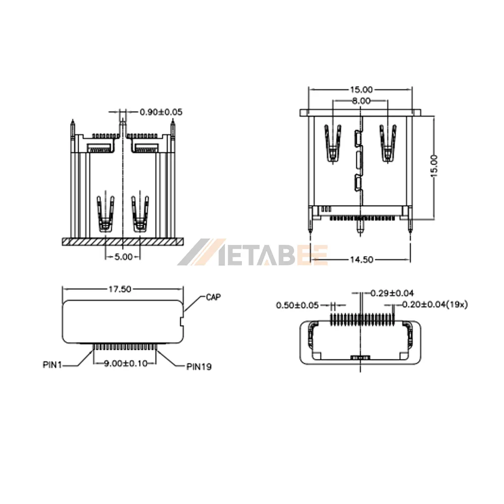 HDMI Type A Female Connector for PCB, Surface Mount, Vertical