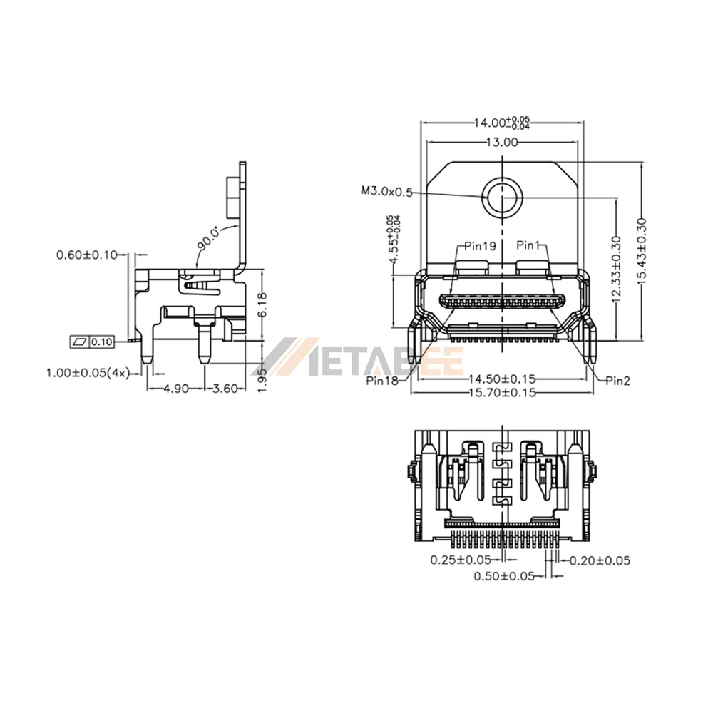 HDMI Type A Female Connector for PCB, Surface Mount