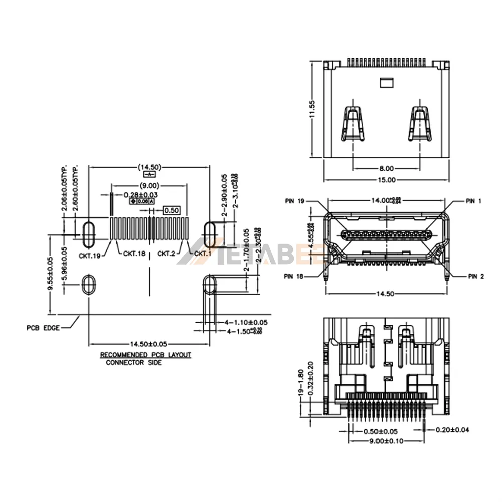 HDMI Type A Female Connector with SMT, PCB Mount, RA