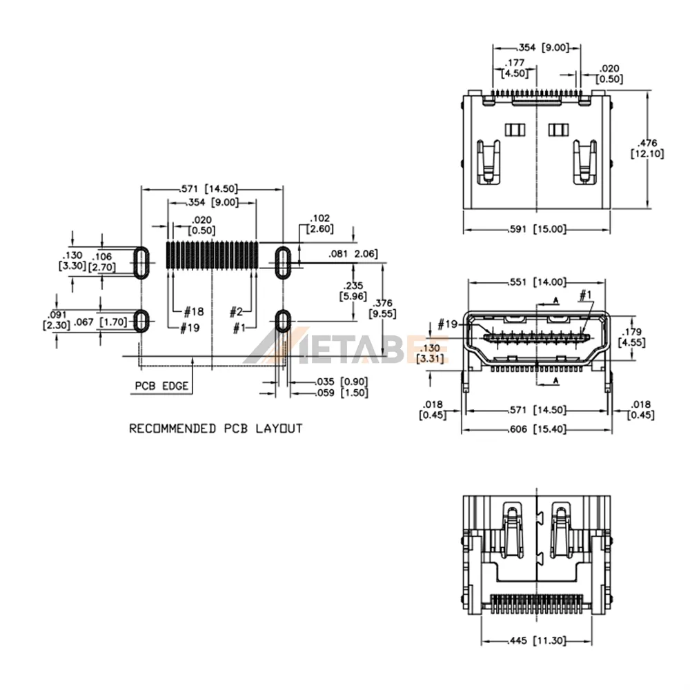 HDMI Type A Female PCB Connector, Surface Mount, RA