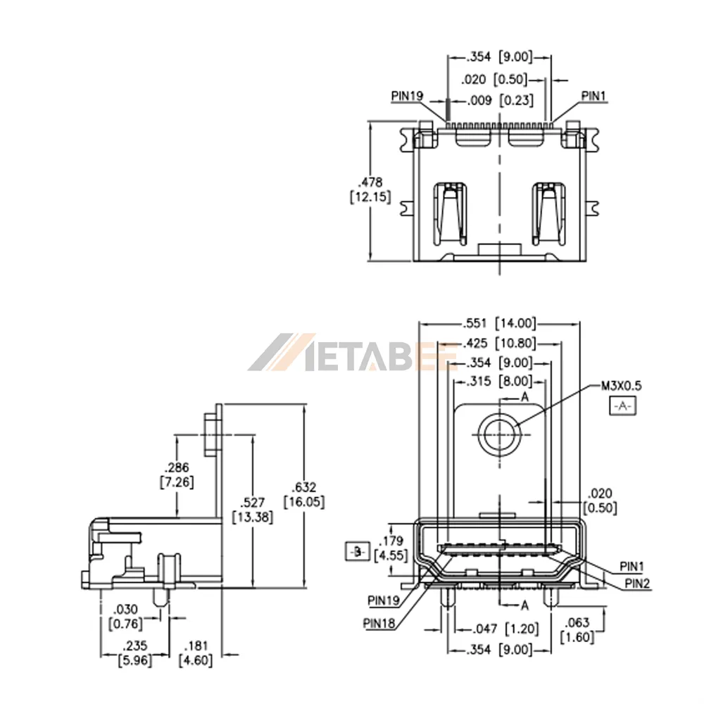 HDMI Type A Receptacle, SMT, PCB Mount, RA