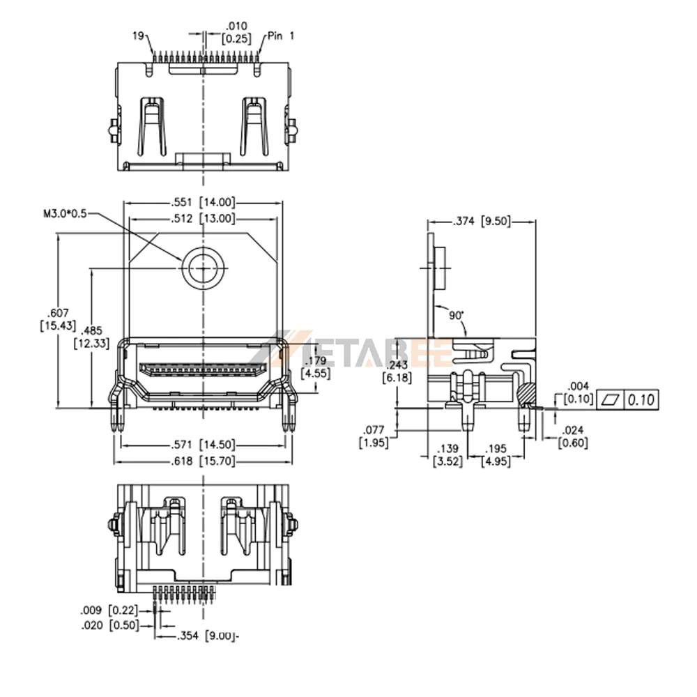 HDMI Type A Receptacle, SMT, RA
