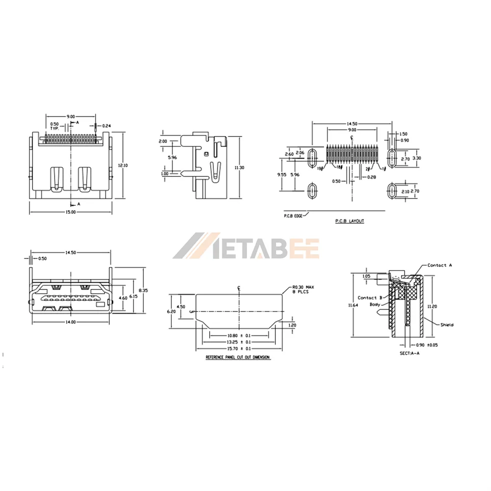 HDMI Type A Receptacle for PCB, 19 Pin, Surface Mount