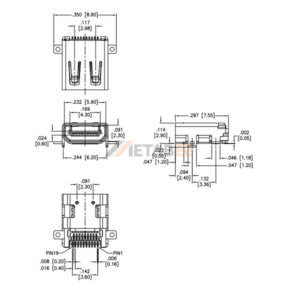 Micro HDMI Type D Female receptacle, Surface Mount, RA