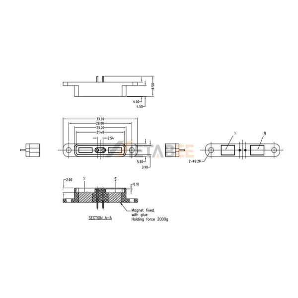 2/3/4/5 Pin Rectangular Magnetic Pogo Connector, Straight, 2.54mm Pitch, 3A/12V DC