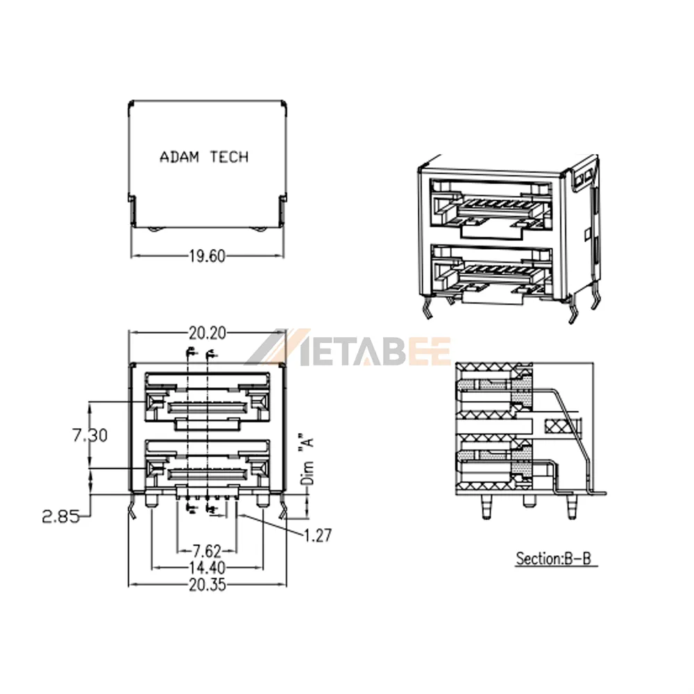 Dual Port SATA 14 Pin Date Receptacle, SMT, R/A