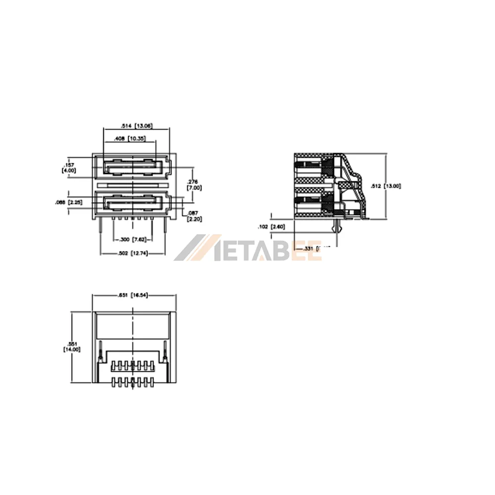 Dual Port SATA 7+7 14-Pin Female Connector for PCB, SMT, R/A